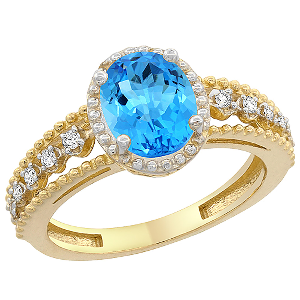 10K Yellow Gold Natural Swiss Blue Topaz Ring Oval 9x7 mm Floating Diamond Accents, sizes 5 - 10