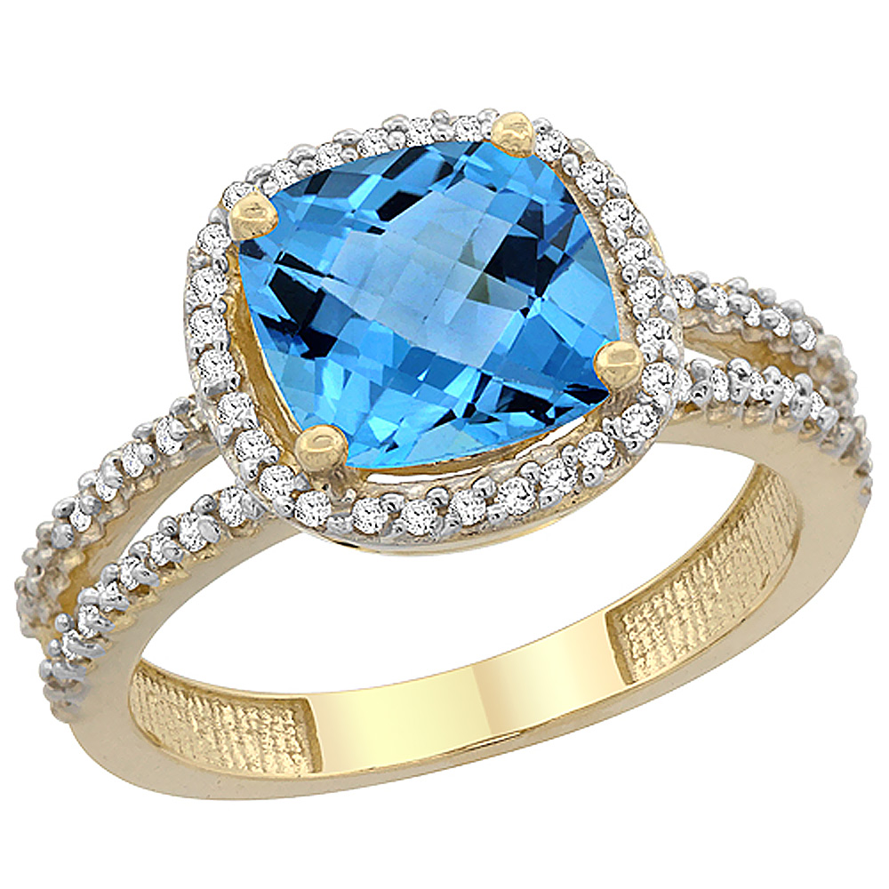 10K Yellow Gold Natural Swiss Blue Topaz Ring Cushion-cut 8x8 mm 2-row Diamond Accents, sizes 5 - 10