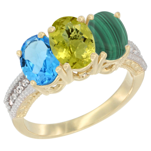 10K Yellow Gold Diamond Natural Swiss Blue Topaz, Lemon Quartz & Malachite Ring 3-Stone Oval 7x5 mm, sizes 5 - 10