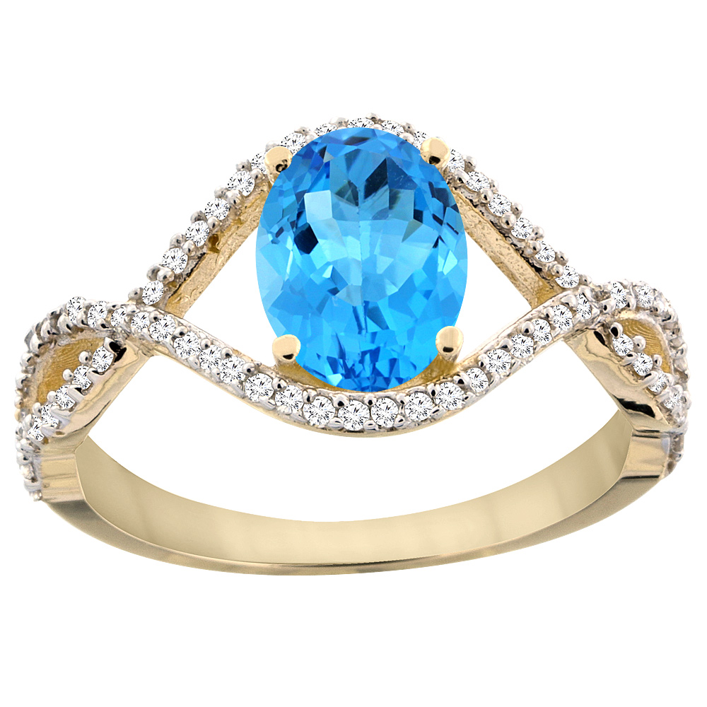 10K Yellow Gold Natural Swiss Blue Topaz Ring Oval 8x6 mm Infinity Diamond Accents, sizes 5 - 10