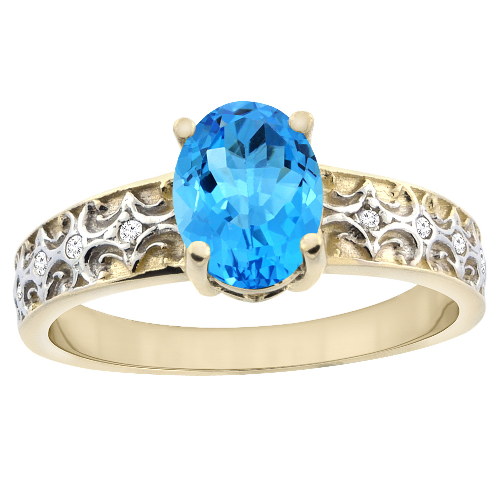 10K Yellow Gold Natural Swiss Blue Topaz Ring Oval 8x6 mm Diamond Accents, sizes 5 - 10