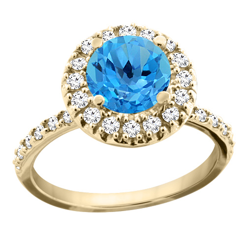 10K Yellow Gold Natural Swiss Blue Topaz Ring Round 8mm Floating Halo Diamond, sizes 5 - 10