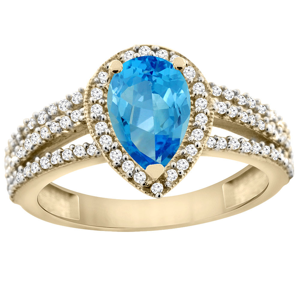 10K Yellow Gold Natural Swiss Blue Topaz Ring 9x7 Pear Halo Diamond, sizes 5 - 10