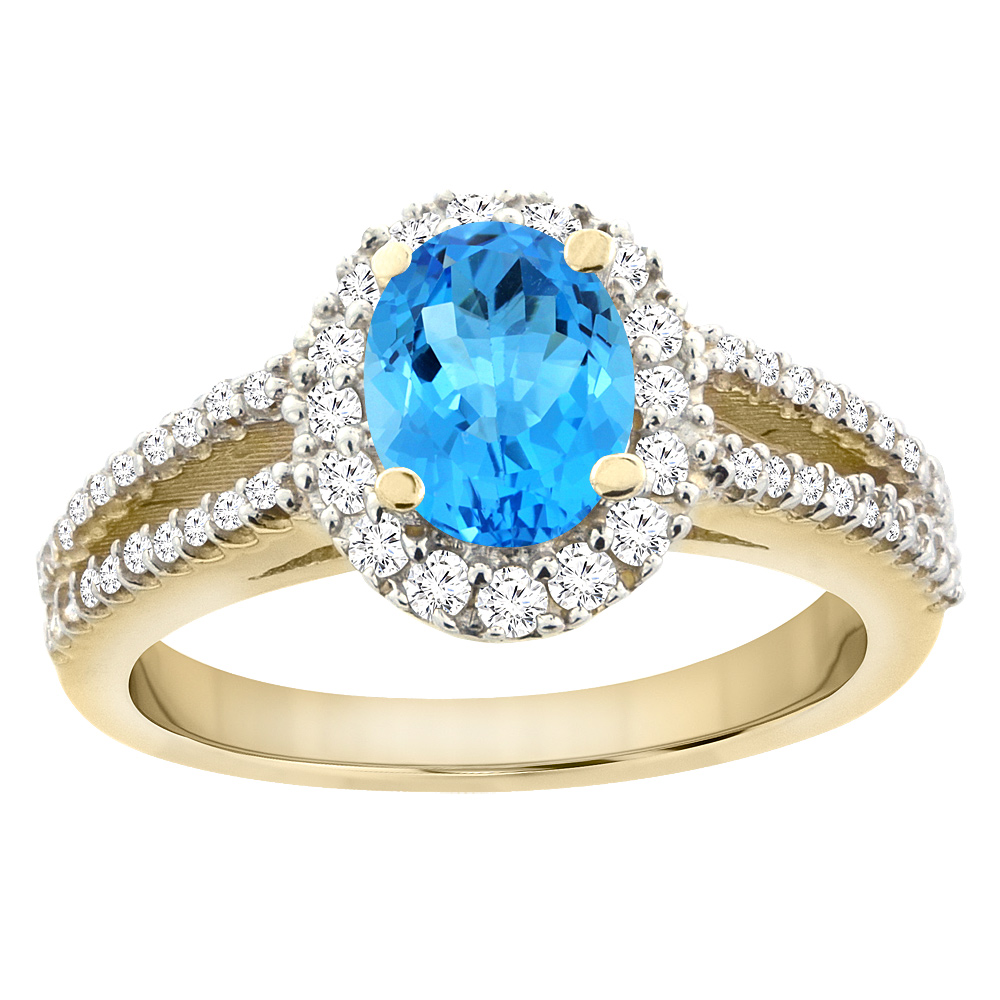 10K Yellow Gold Natural Swiss Blue Topaz Split Shank Halo Engagement Ring Oval 7x5 mm, sizes 5 - 10