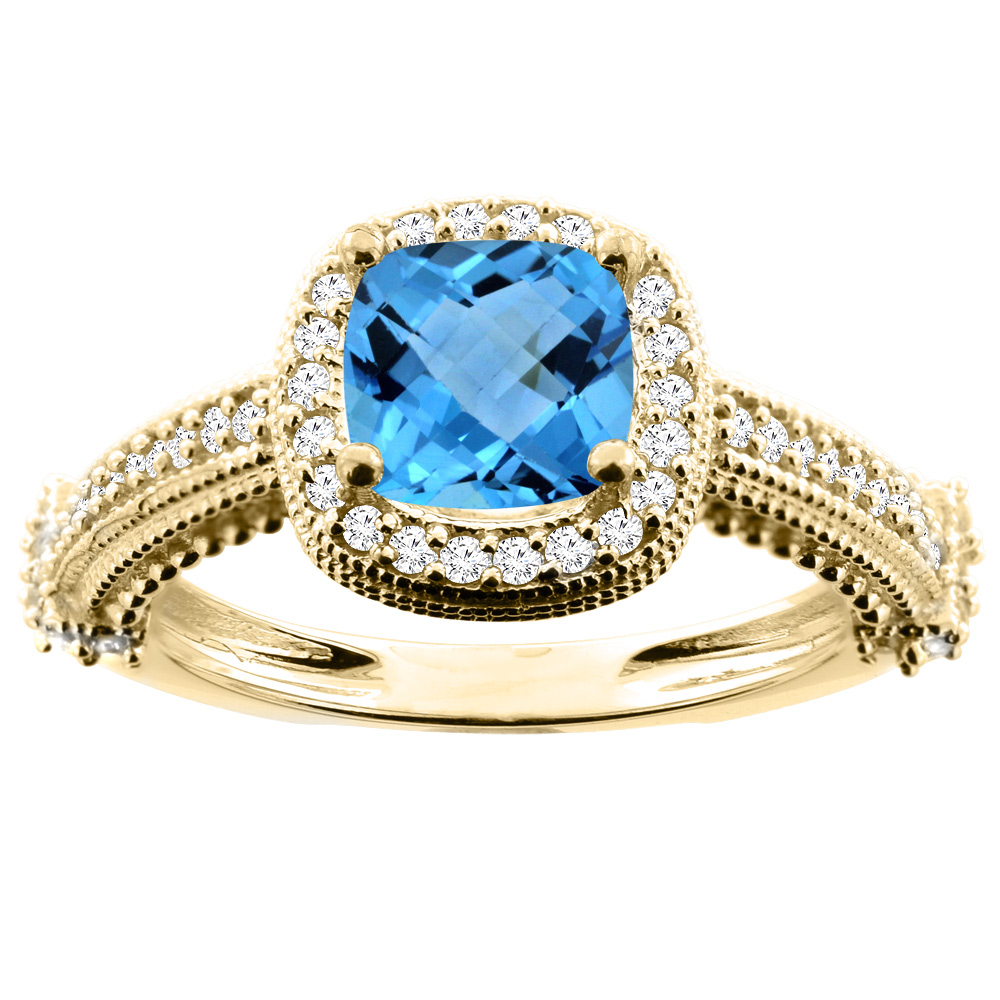 10K White/Yellow/Rose Gold Natural Swiss Blue Topaz Ring Cushion 7x7mm Diamond Accent, size 5