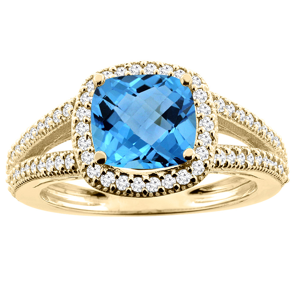 10K Yellow Gold Natural Swiss Blue Topaz Ring Cushion 7x7mm Diamond Accent 3/8 inch wide, sizes 5 - 10