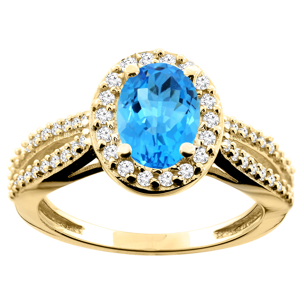 10K White/Yellow/Rose Gold Natural Swiss Blue Topaz Ring Oval 8x6mm Diamond Accent, size 5