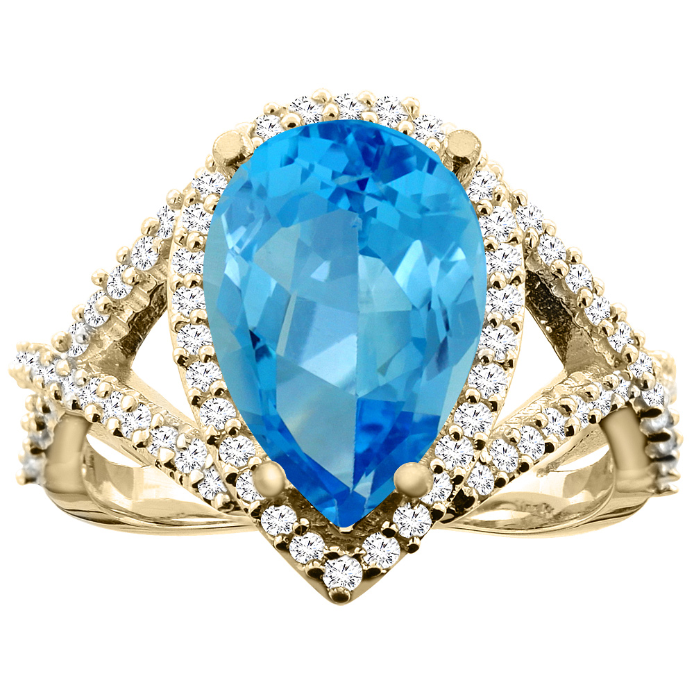 10K White/Yellow/Rose Gold Natural Swiss Blue Topaz Ring Pear 12X8mm Diamond Accent, size 5