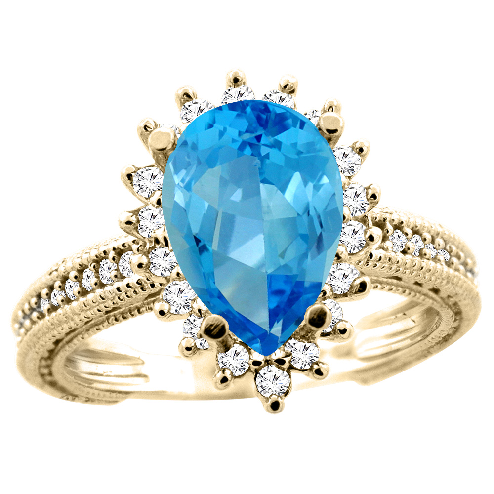 10K White/Yellow/Rose Gold Natural Swiss Blue Topaz Ring Pear 12x8mm Diamond Accent, size 5