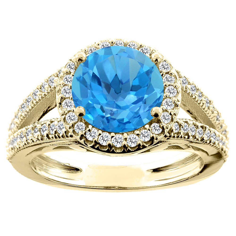 10K White/Yellow/Rose Gold Natural Swiss Blue Topaz Ring Round 8mm Diamond Accent, sizes 5 - 10