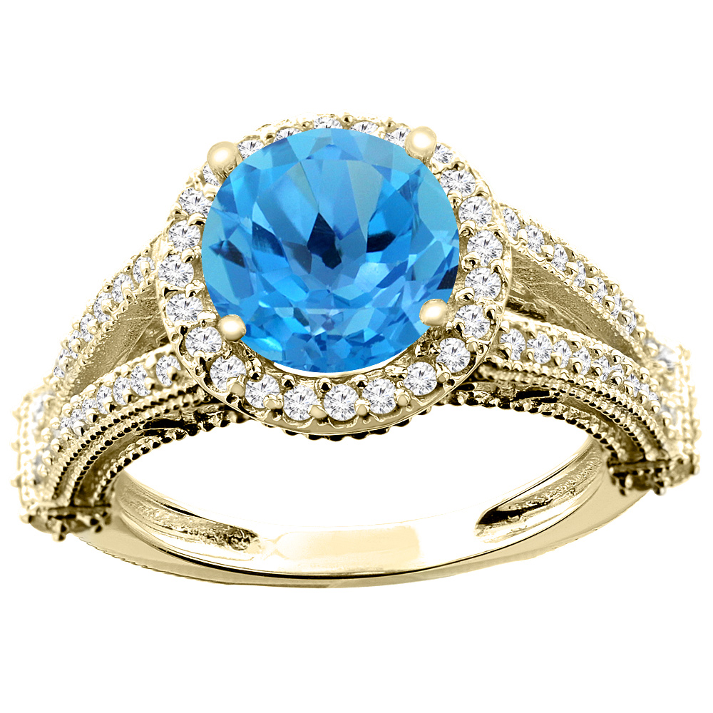 10K White/Yellow/Rose Gold Natural Swiss Blue Topaz Ring Round 8mm Diamond Accent, sizes 5 - 10