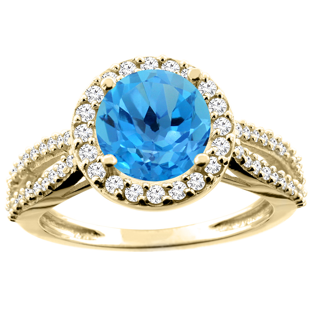10K White/Yellow/Rose Gold Natural Swiss Blue Topaz Ring Round 8mm Diamond Accent, sizes 5 - 10