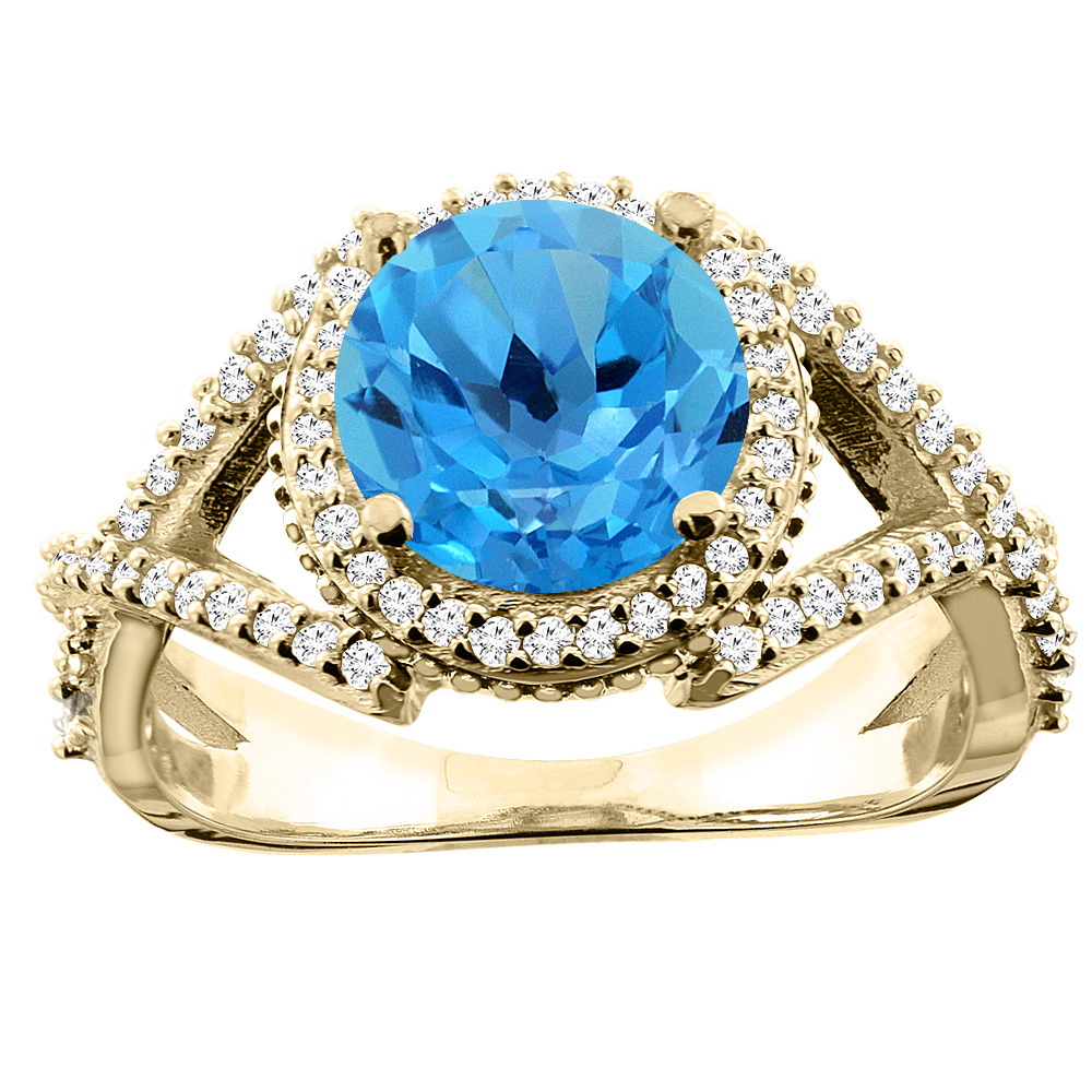 10K White/Yellow/Rose Gold Natural Swiss Blue Topaz Ring Round 8mm Diamond Accent, sizes 5 - 10