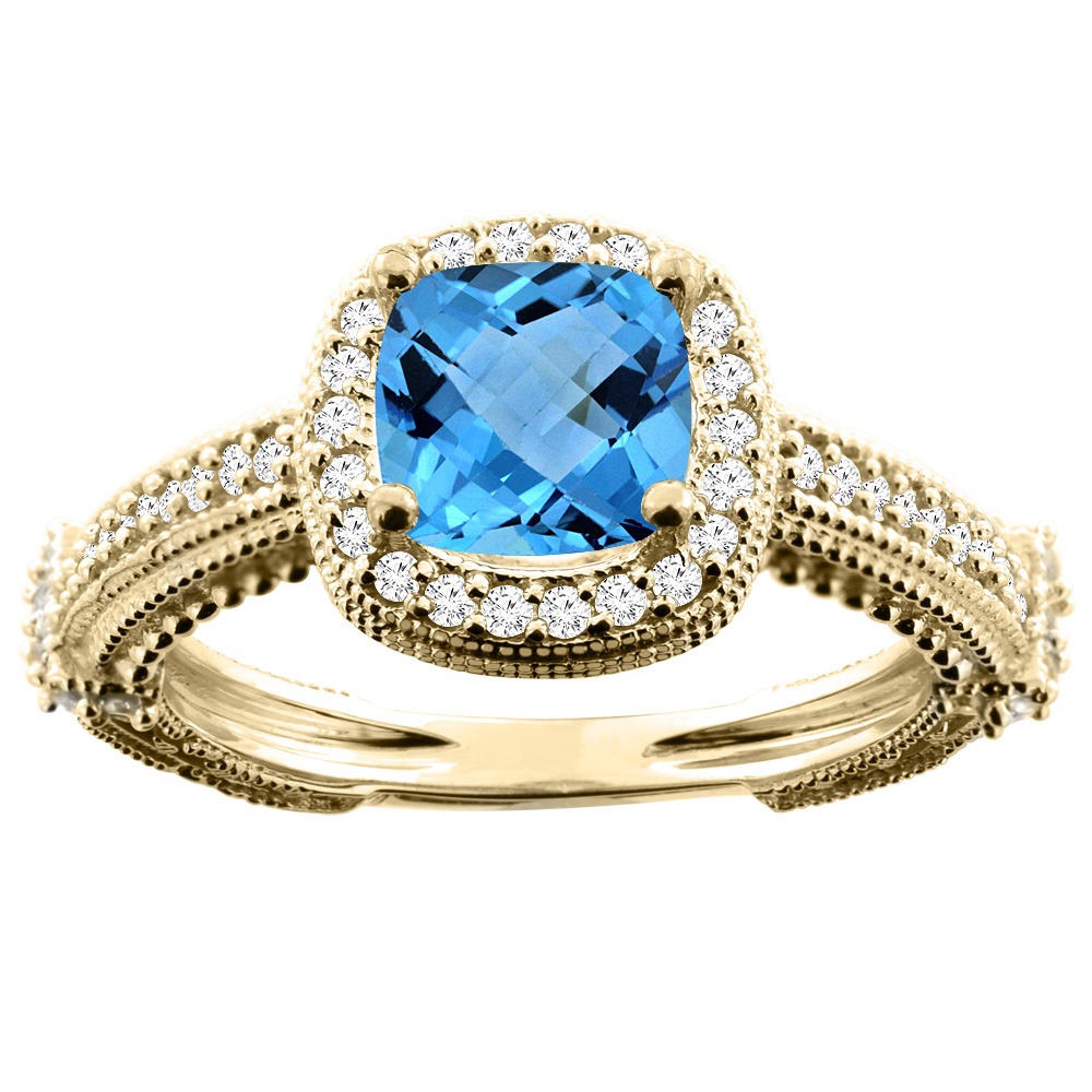 10K White/Yellow/Rose Gold Natural Swiss Blue Topaz Ring Cushion 7x7mm Diamond Accent, sizes 5 - 10