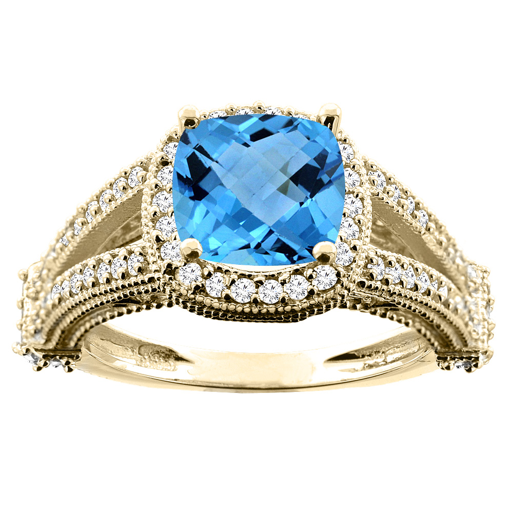 10K White/Yellow/Rose Gold Natural Swiss Blue Topaz Split Shank Ring Cushion 7x7mm Diamond Accent, sizes 5 - 10