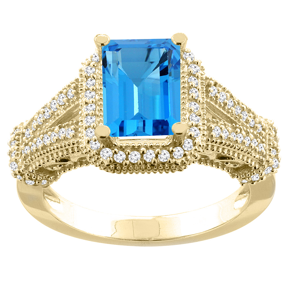 10K White/Yellow/Rose Gold Natural Swiss Blue Topaz Ring Octagon 8x6mm Diamond Accent, sizes 5-10
