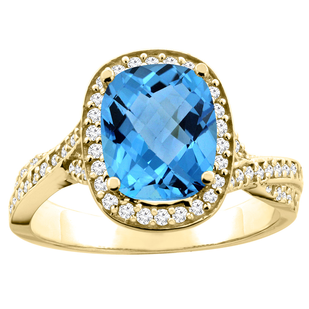 10K Yellow Gold Natural Swiss Blue Topaz Halo Ring Cushion 9x7mm Diamond Accent, sizes 5 - 10