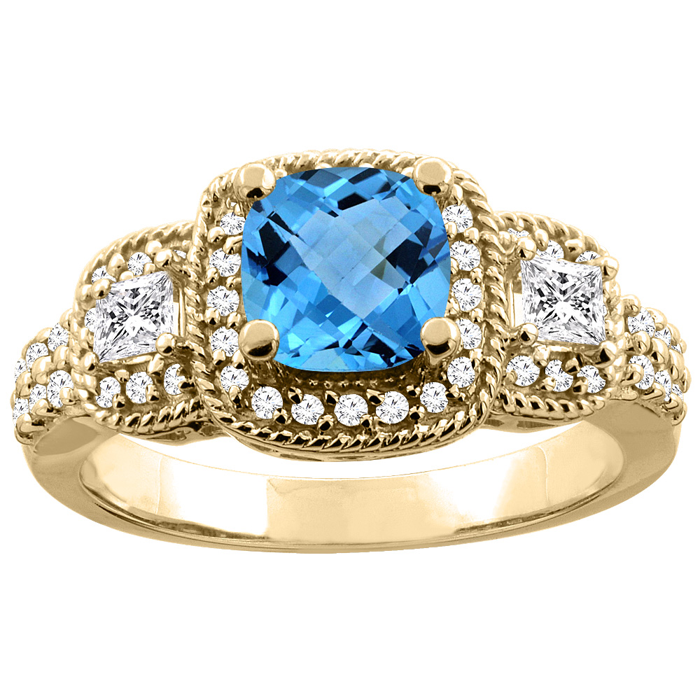 10K Yellow Gold Natural Swiss Blue Topaz Ring Cushion 6x6 mm Diamond Accent, sizes 5 - 10