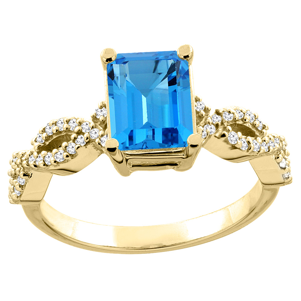 10K White/Yellow Gold Natural Swiss Blue Topaz Eternity Ring Octagon 9x7mm Diamond Accent, sizes 5 - 10