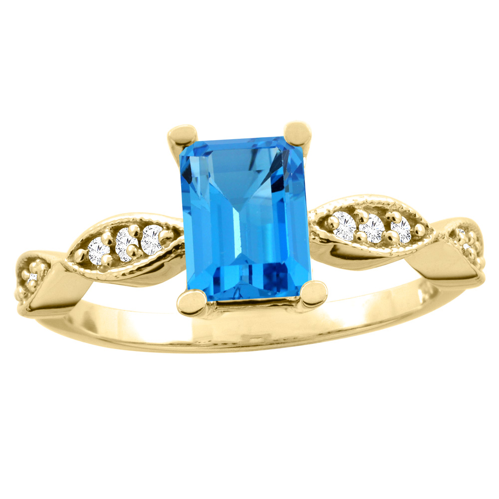 10K White/Yellow Gold Natural Swiss Blue Topaz Ring Octagon 8x6mm Diamond Accent, sizes 5 - 10