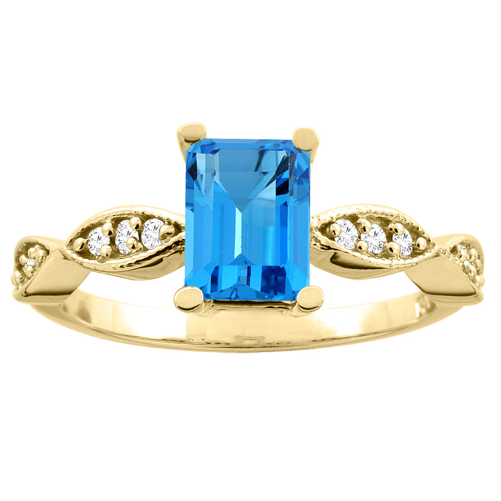 10K White/Yellow Gold Natural Aquamarine Ring Octagon 7x5mm Diamond Accents, sizes 5 -10