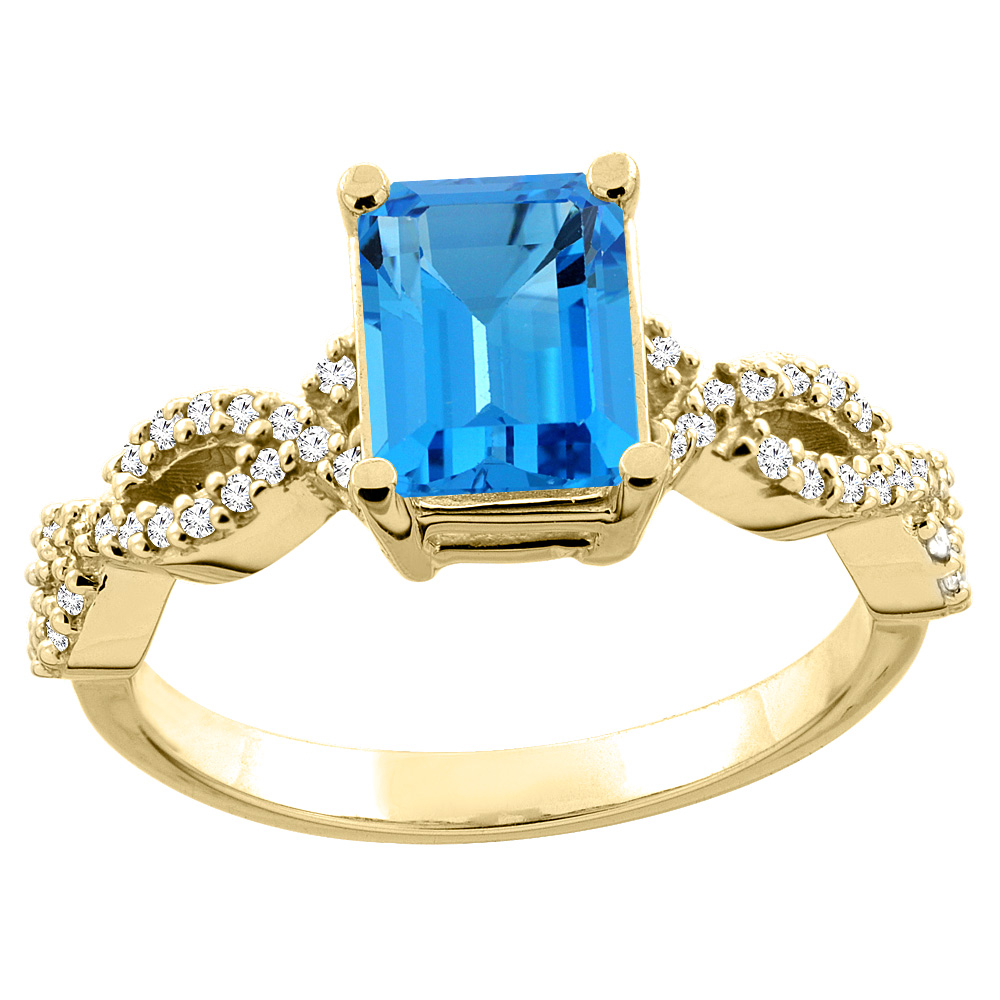 10K White/Yellow Gold/Yellow Gold Natural Swiss Blue Topaz Ring Octagon 8x6mm Diamond Accent, sizes 5 - 10