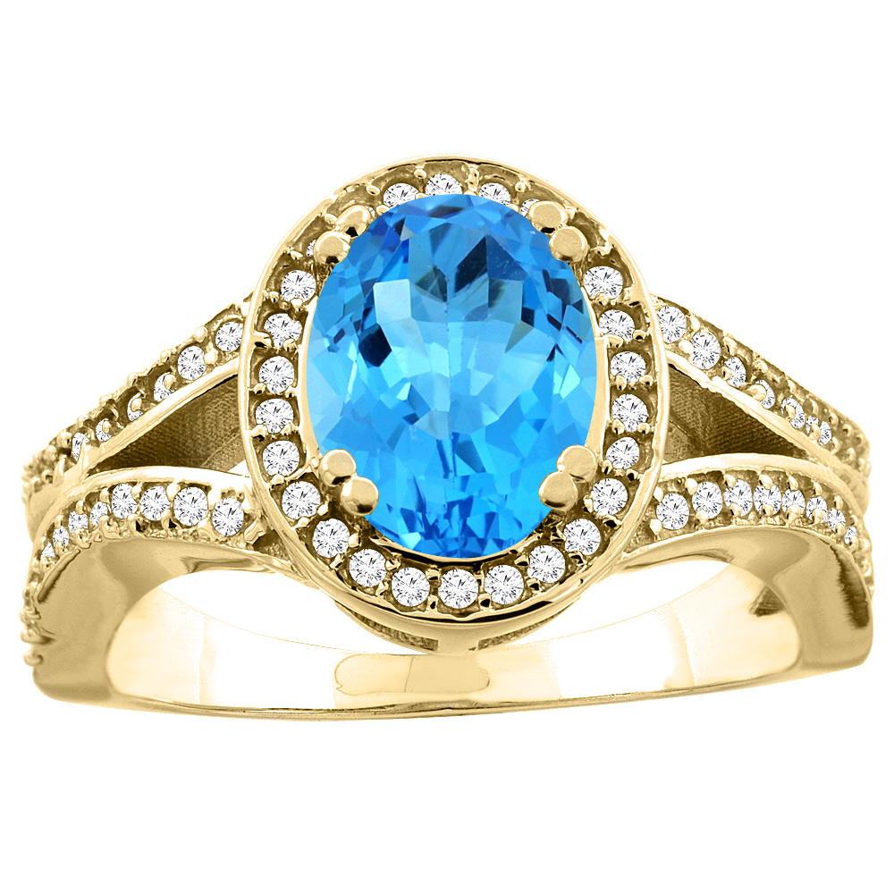 10K White/Yellow Gold Natural Swiss Blue Topaz Split Ring Oval 8x6mm Diamond Accent, sizes 5 - 10