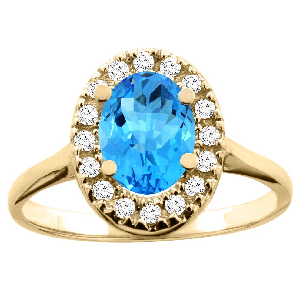 10K White/Yellow Gold Natural Swiss Blue Topaz Ring Oval 8x6mm Diamond Accent, sizes 5 - 10