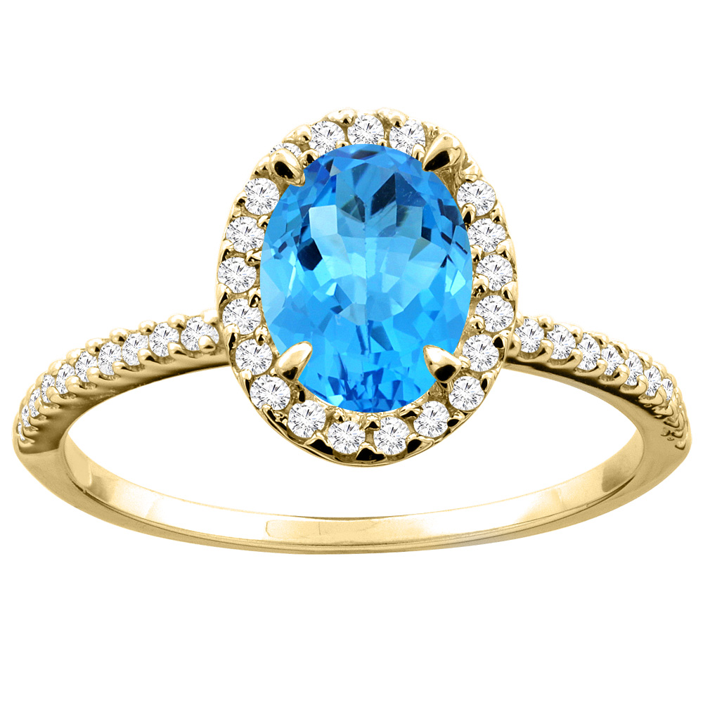 10K White/Yellow Gold Natural Swiss Blue Topaz Ring Oval 8x6mm Diamond Accent, sizes 5 - 10
