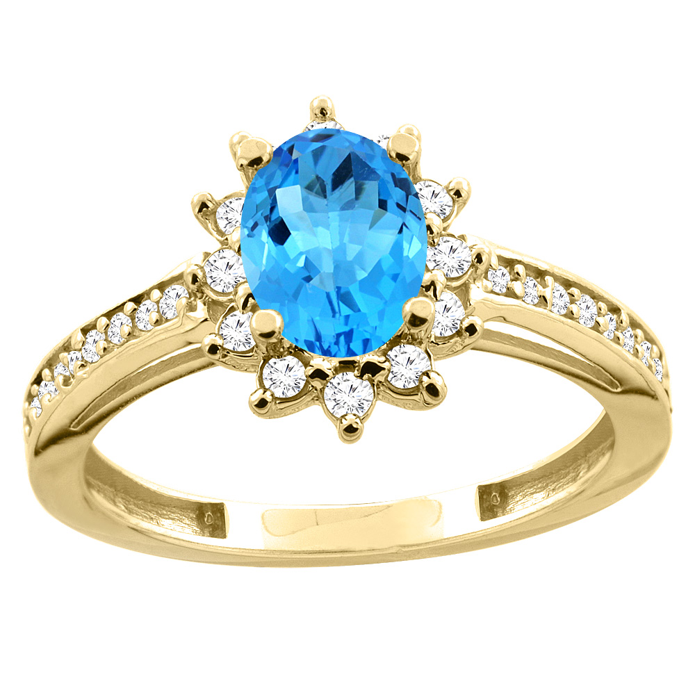 10K White/Yellow Gold Diamond Natural Swiss Blue Topaz Floral Halo Engagement Ring Oval 7x5mm, sizes 5 - 10