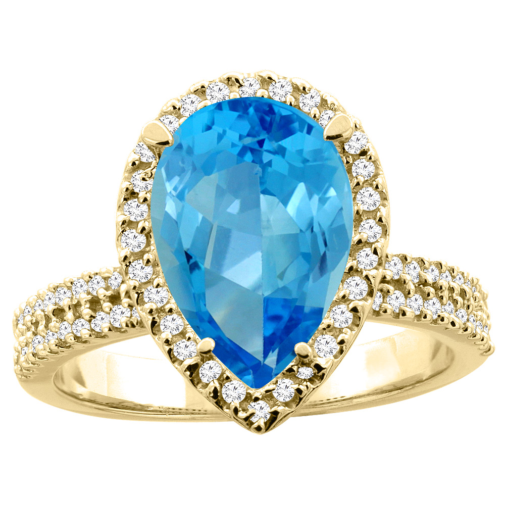 10K White/Yellow Gold Natural Swiss Blue Topaz Ring Pear 12x8mm Diamond Accents, sizes 5 - 10