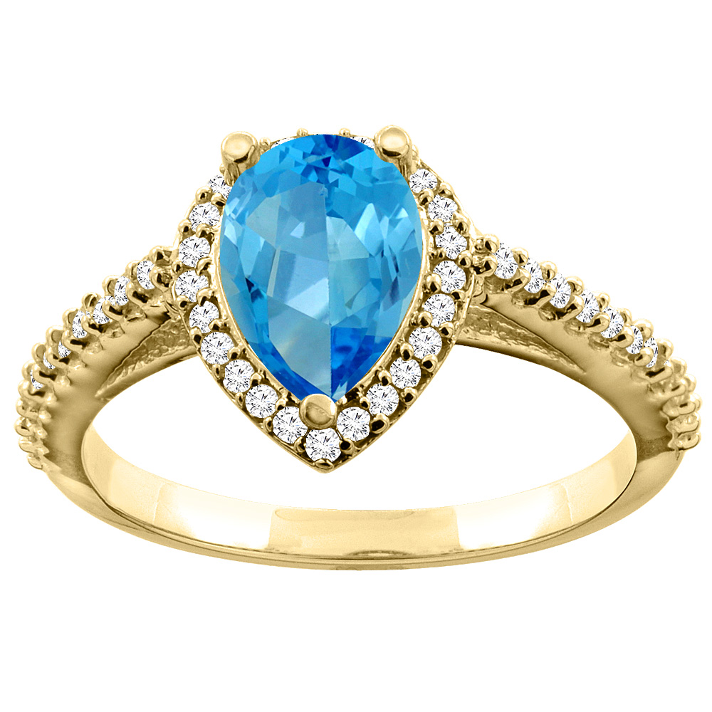 10K Yellow Gold Natural Swiss Blue Topaz Ring Pear 9x7mm Diamond Accents, sizes 5 - 10