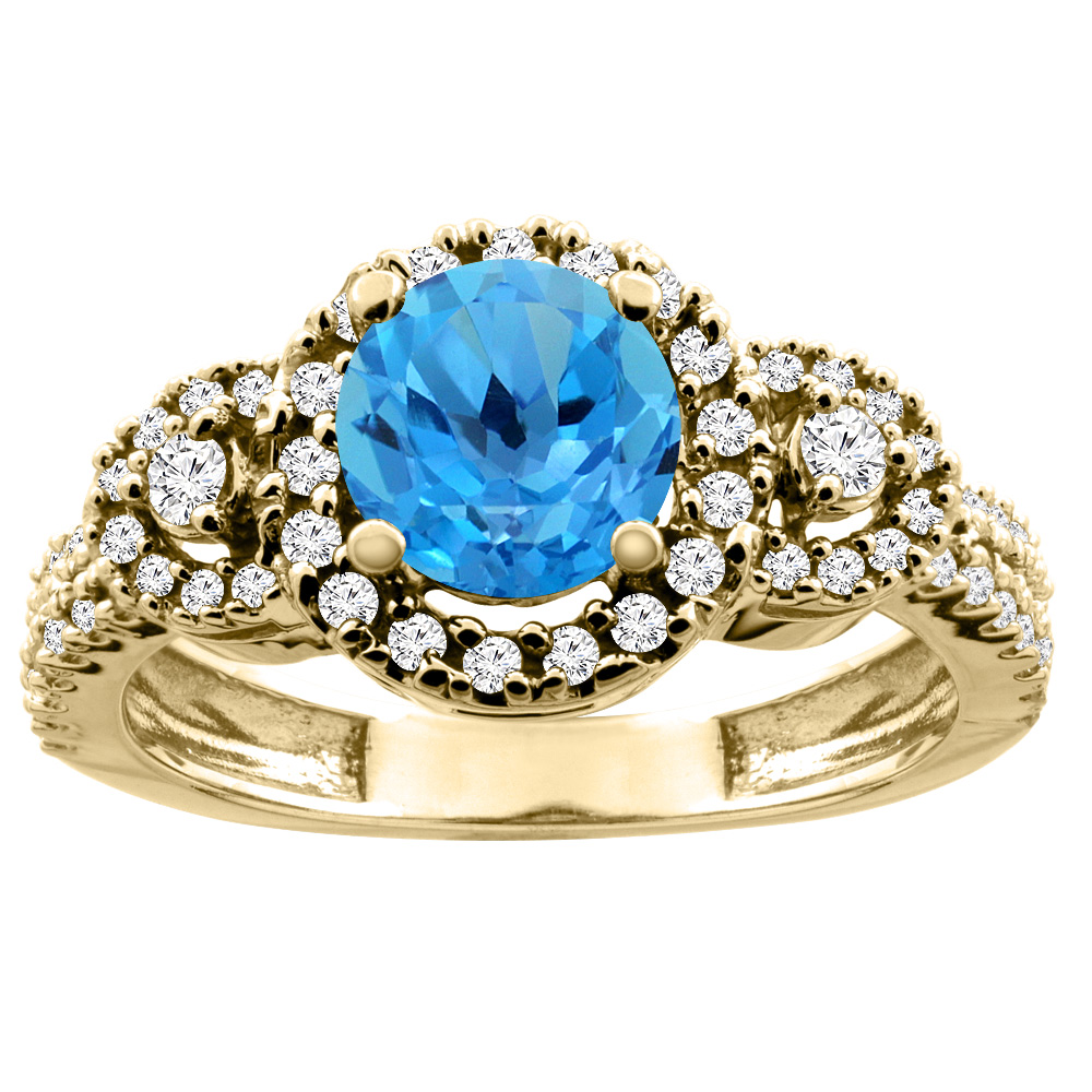 10K White/Yellow Gold Diamond Halo Natural Swiss Blue Topaz Ring Round 6mm, sizes 5 - 10