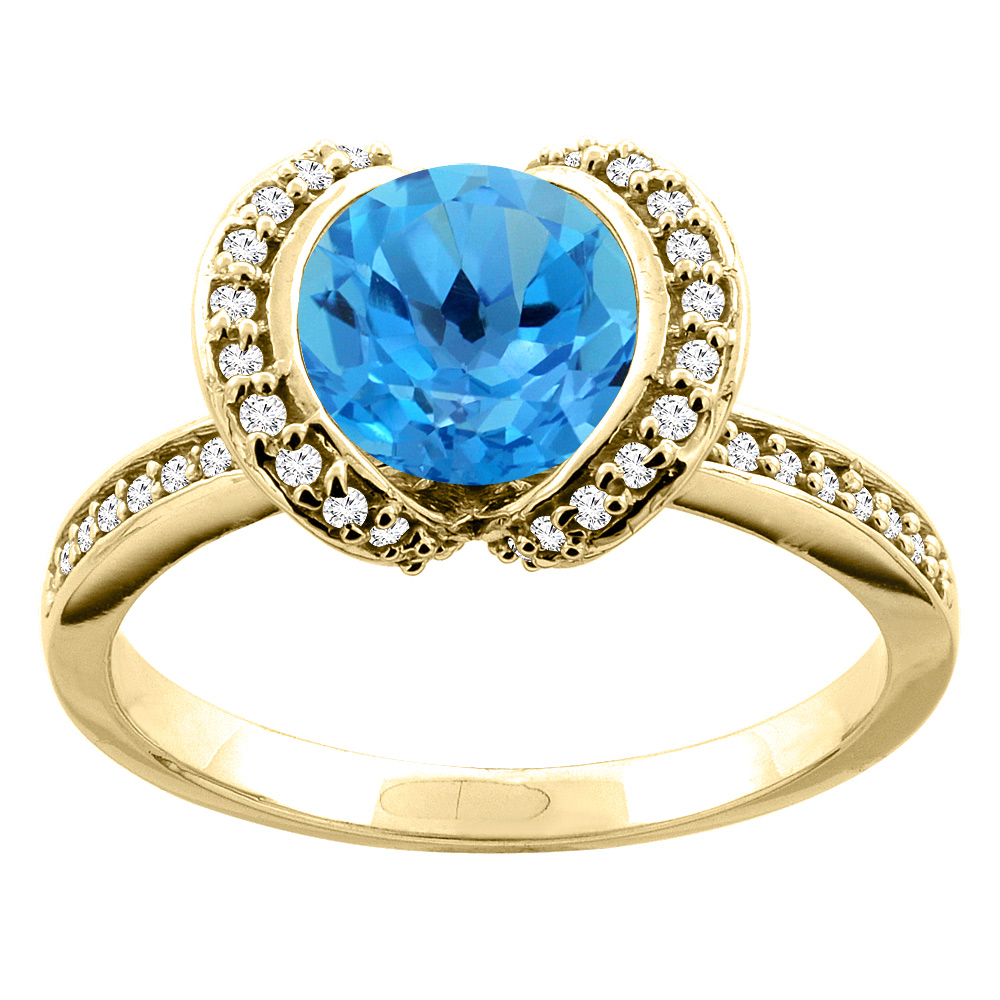 10K White/Yellow Gold Natural Aquamarine Ring Round 7mm Diamond Accent, sizes 5 - 10