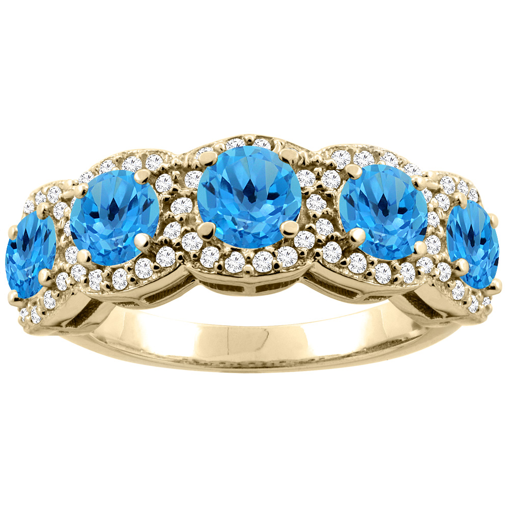 10K Gold Natural Swiss Blue Topaz 5-Stone Ring Round 4mm, sizes 5 - 10
