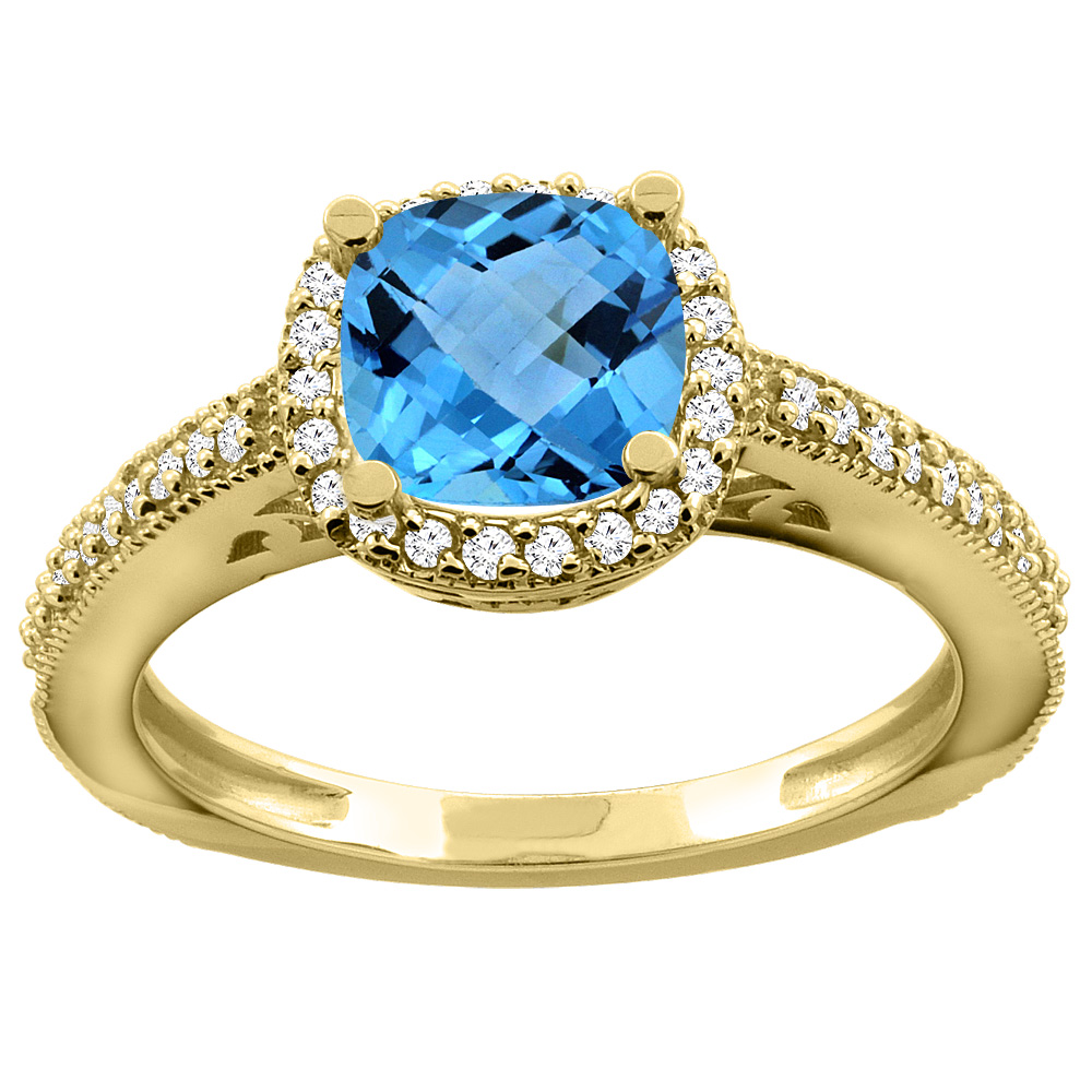 10K Yellow Gold Natural Swiss Blue Topaz Engagement Ring Diamond Halo Cushion 7mm, sizes 5 - 10