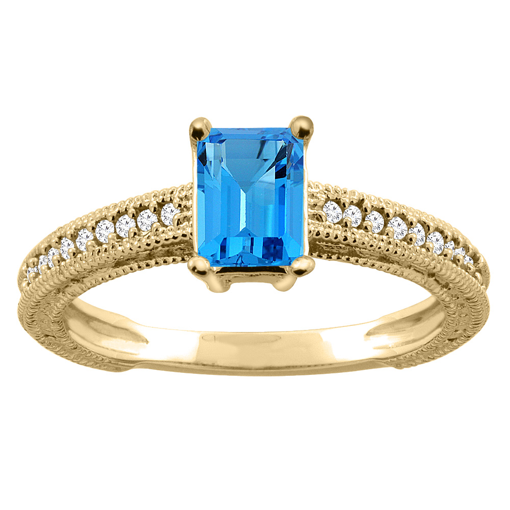 10K Gold Natural Swiss Blue Topaz Engagement Ring Octagon 8x6mm Diamond Accents, sizes 5 - 10