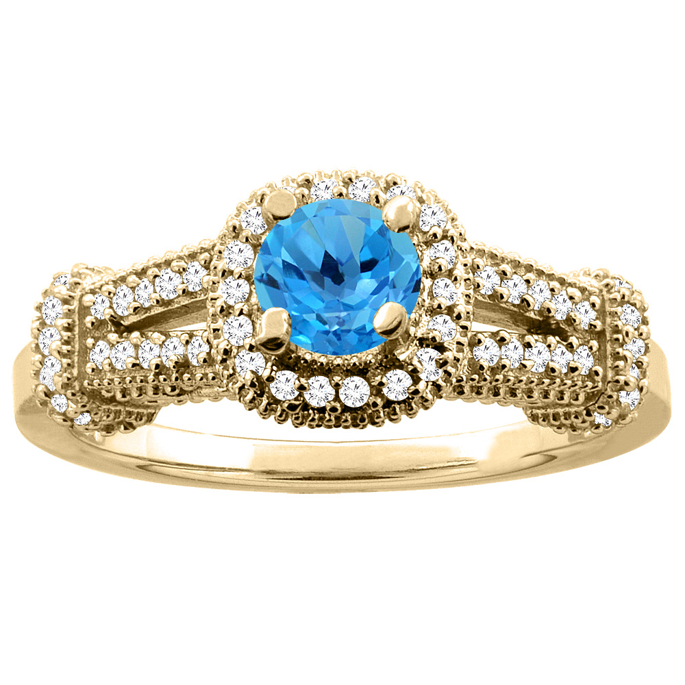 10K Yellow Gold Natural Swiss Blue Topaz Engagement Halo Ring Round 5mm Diamond Accents, sizes 5 - 10