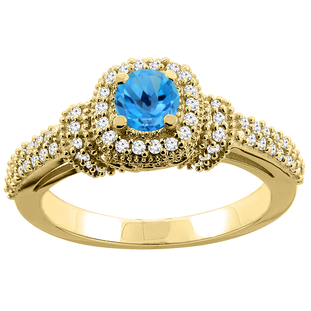 10K Gold Natural Swiss Blue Topaz Engagement Halo Ring Round 5mm Diamond Accents, sizes 5 - 10