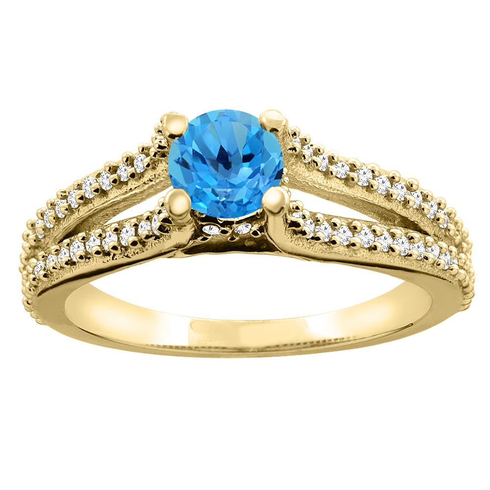 10K Yellow Gold Natural Swiss Blue Topaz Engagement Split Shank Ring Round 5mm Diamond Accents, sizes 5 - 10
