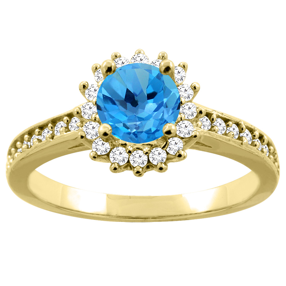 10K Gold Genuine Blue Topaz Floral Halo Diamond Engagement Ring Round 6mm sizes 5 - 10