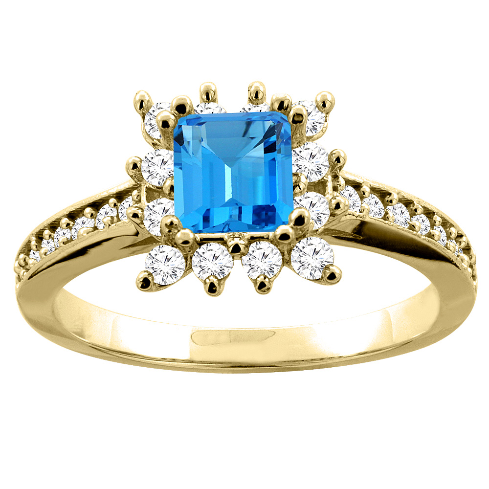 10K Yellow Gold Natural Swiss Blue Topaz Engagement Ring Diamond Accents Square 5mm, sizes 5 - 10