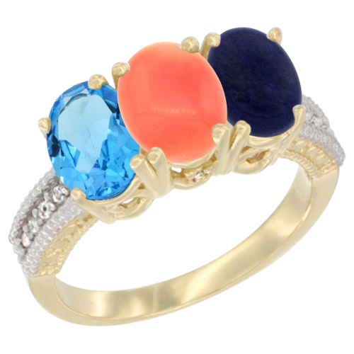 14K Yellow Gold Natural Swiss Blue Topaz, Coral & Lapis Ring 3-Stone 7x5 mm Oval Diamond Accent, sizes 5 - 10