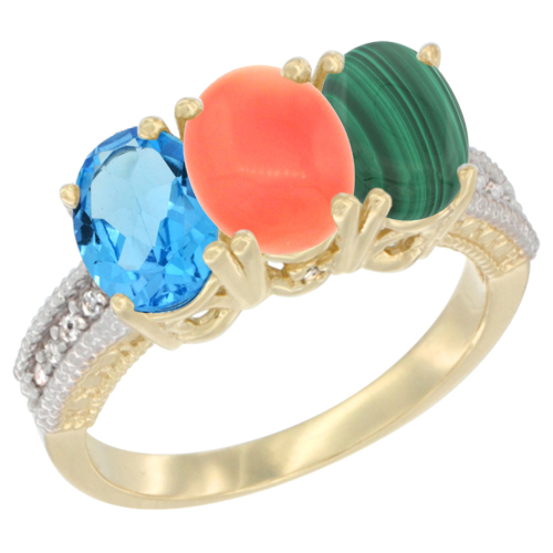 14K Yellow Gold Natural Swiss Blue Topaz, Coral & Malachite Ring 3-Stone 7x5 mm Oval Diamond Accent, sizes 5 - 10