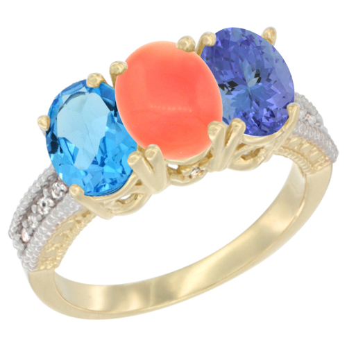 14K Yellow Gold Natural Swiss Blue Topaz, Coral & Tanzanite Ring 3-Stone 7x5 mm Oval Diamond Accent, sizes 5 - 10