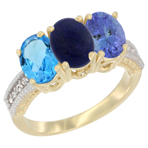 14K Yellow Gold Natural Swiss Blue Topaz, Lapis & Tanzanite Ring 3-Stone 7x5 mm Oval Diamond Accent, sizes 5 - 10