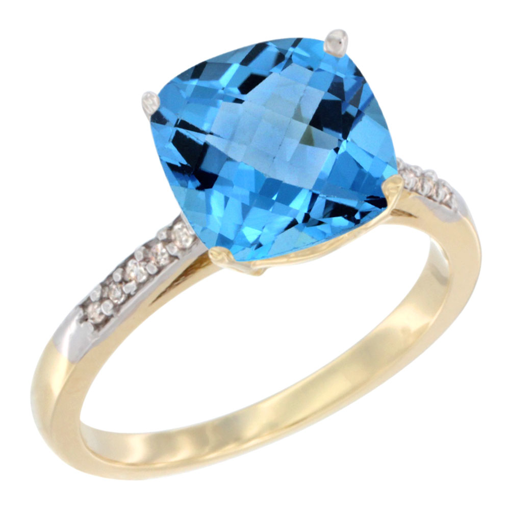 10K Yellow Gold Natural Swiss Blue Topaz Ring Cushion-cut 9 mm Diamond accent, sizes 5 - 10