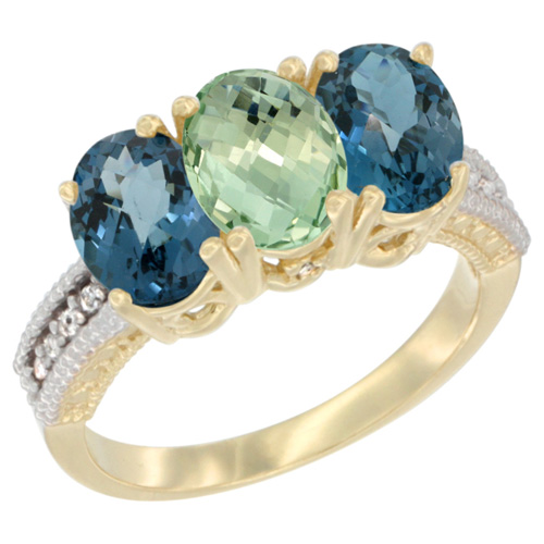 10K Yellow Gold Diamond Natural Green Amethyst & London Blue Topaz Ring 3-Stone Oval 7x5 mm, sizes 5 - 10