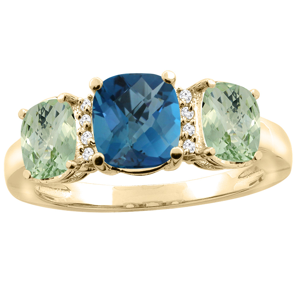 10K Yellow Gold Natural London Blue Topaz & Green Amethyst 3-stone Ring Cushion 8x6mm Diamond Accent, sizes 5 - 10
