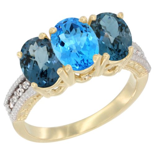 14K Yellow Gold Natural Swiss Blue Topaz & London Blue Topaz Sides Ring 3-Stone 7x5 mm Oval Diamond Accent, sizes 5 - 10